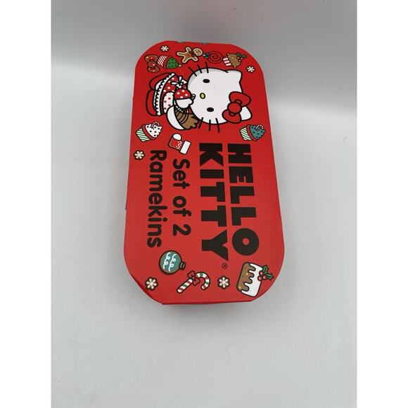 NEW Hello Kitty Ceramic Ramekins Dishes Set Of 2 Pink Candy Cane Dress - Picture 7 of 8